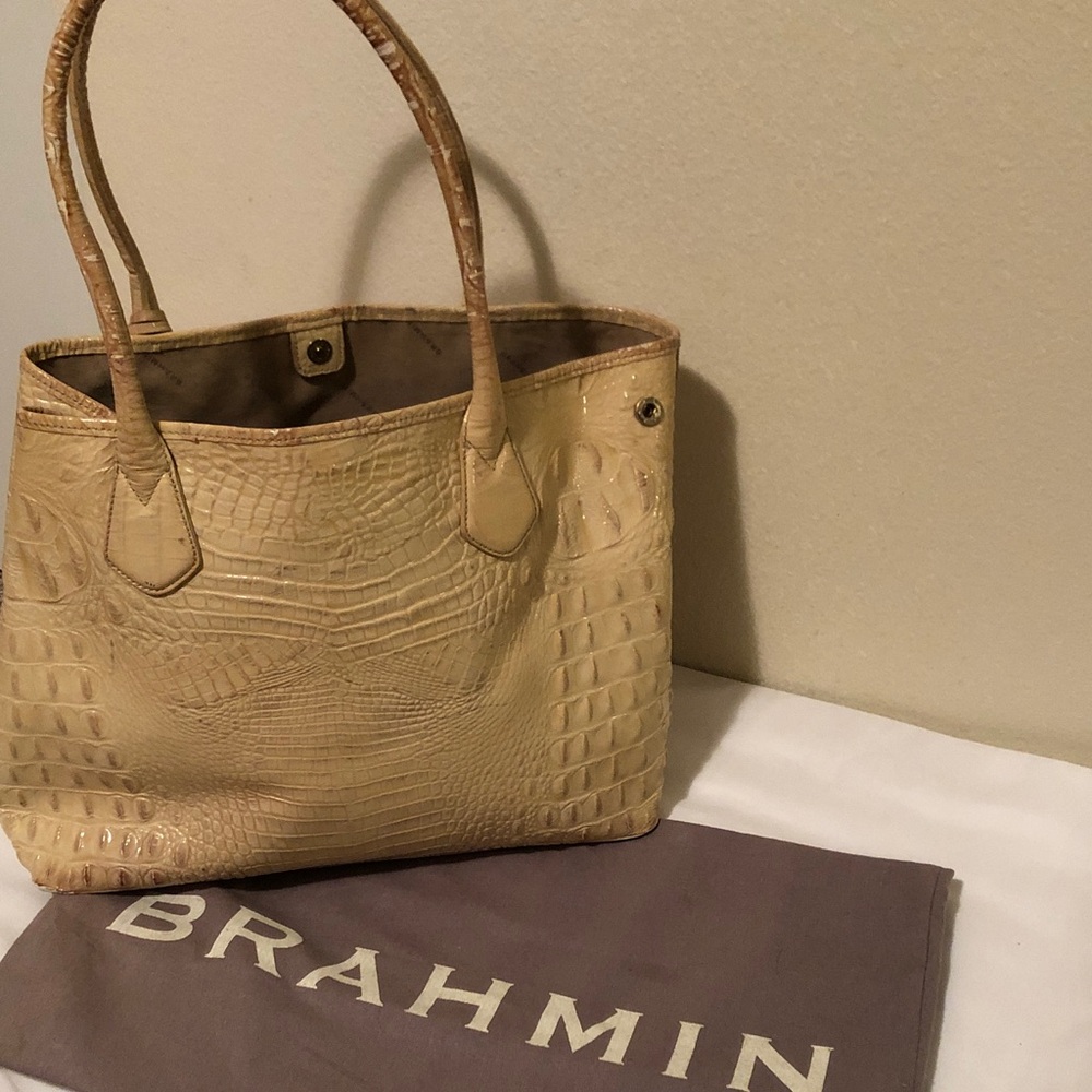 Brahmin Croc-Embossed Leather Tote in Light Beige